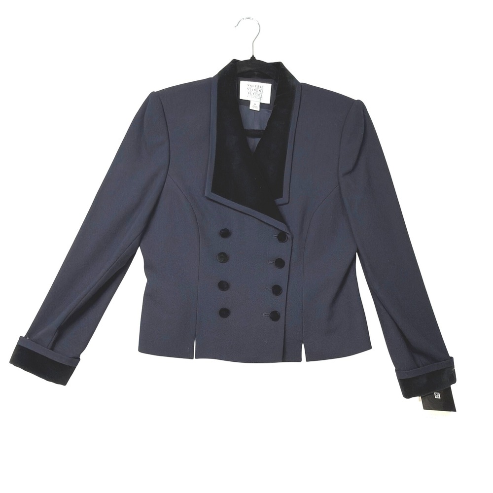 Valerie Stevens Petites‎ 8P Wool Velvet Collar Double Breasted Blazer NWT Black